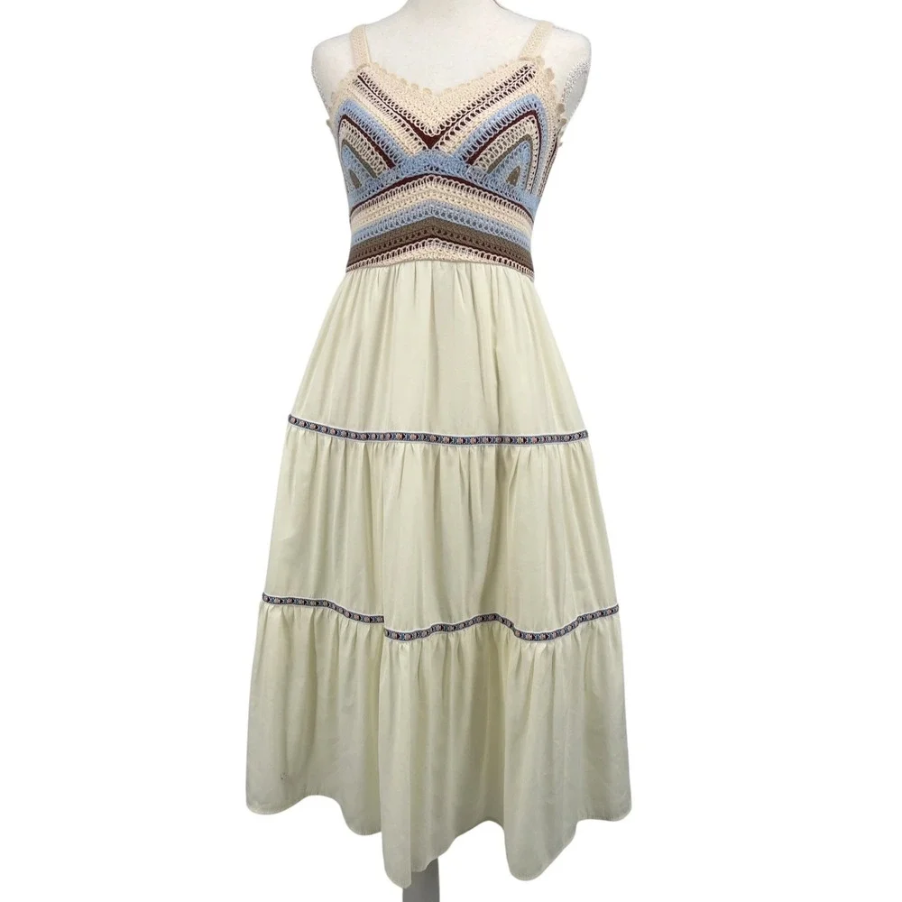 Cider Crochet Bodice Midi Dress Cream Boho Tiered Festival Summer Farmers Market